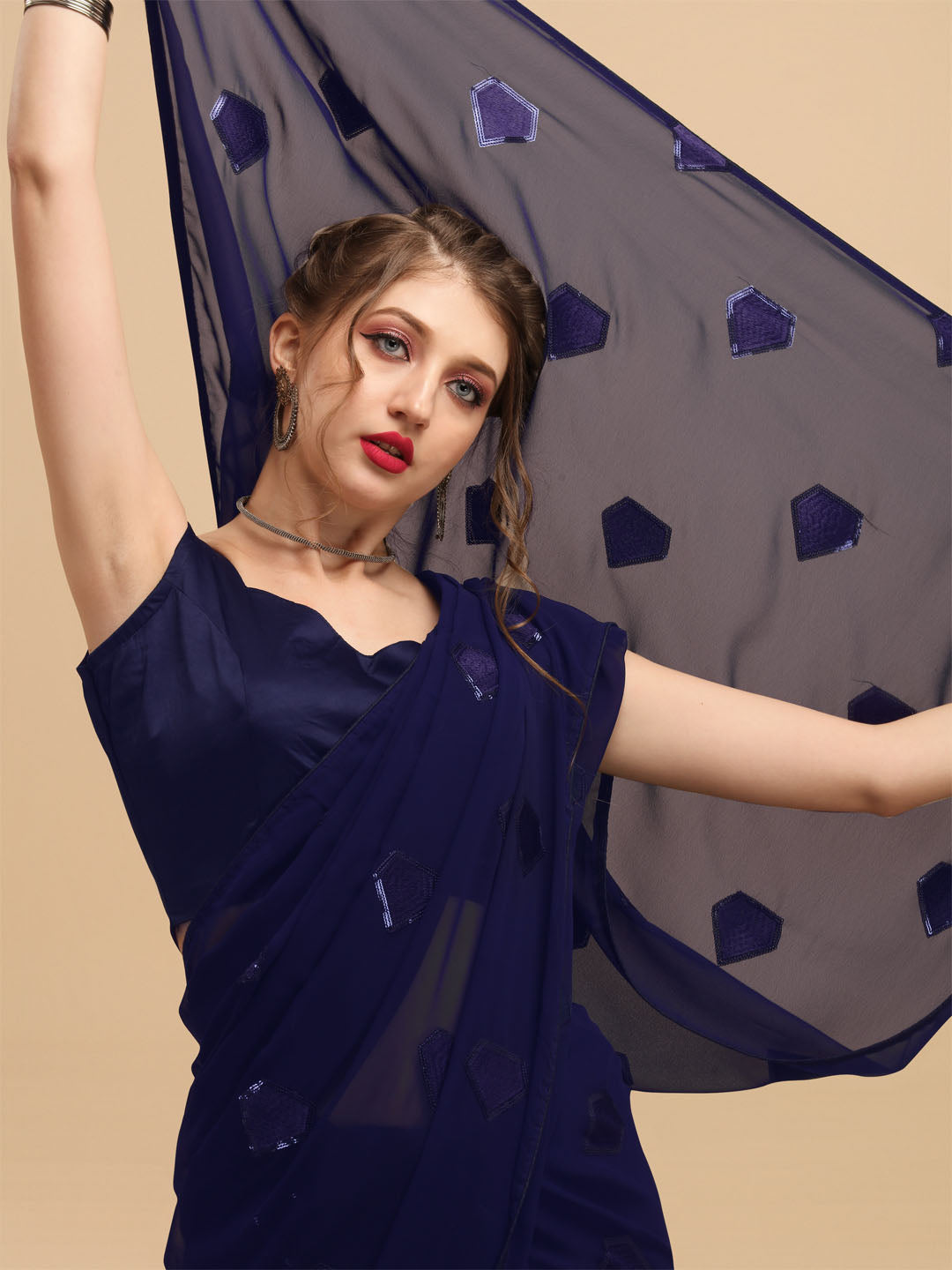 Sangria Navy Blue Sequinned Pure Georgette Saree - Distacart