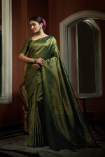 Thumbnail for Vardha Myrtle Green Golden Zari Kanjeevaram Silk Saree