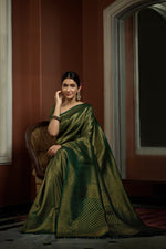 Thumbnail for Vardha Myrtle Green Golden Zari Kanjeevaram Silk Saree