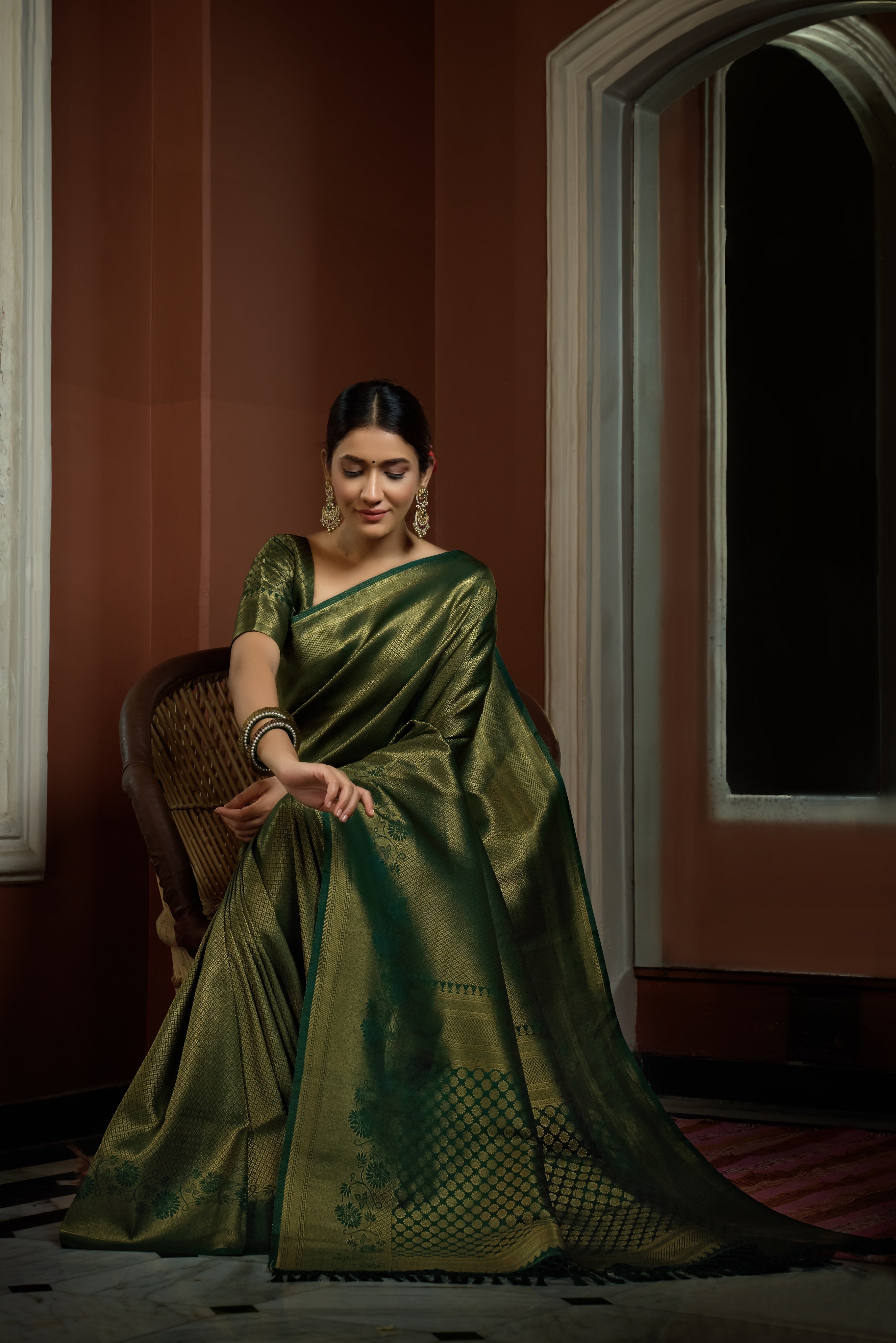 Vardha Myrtle Green Golden Zari Kanjeevaram Silk Saree