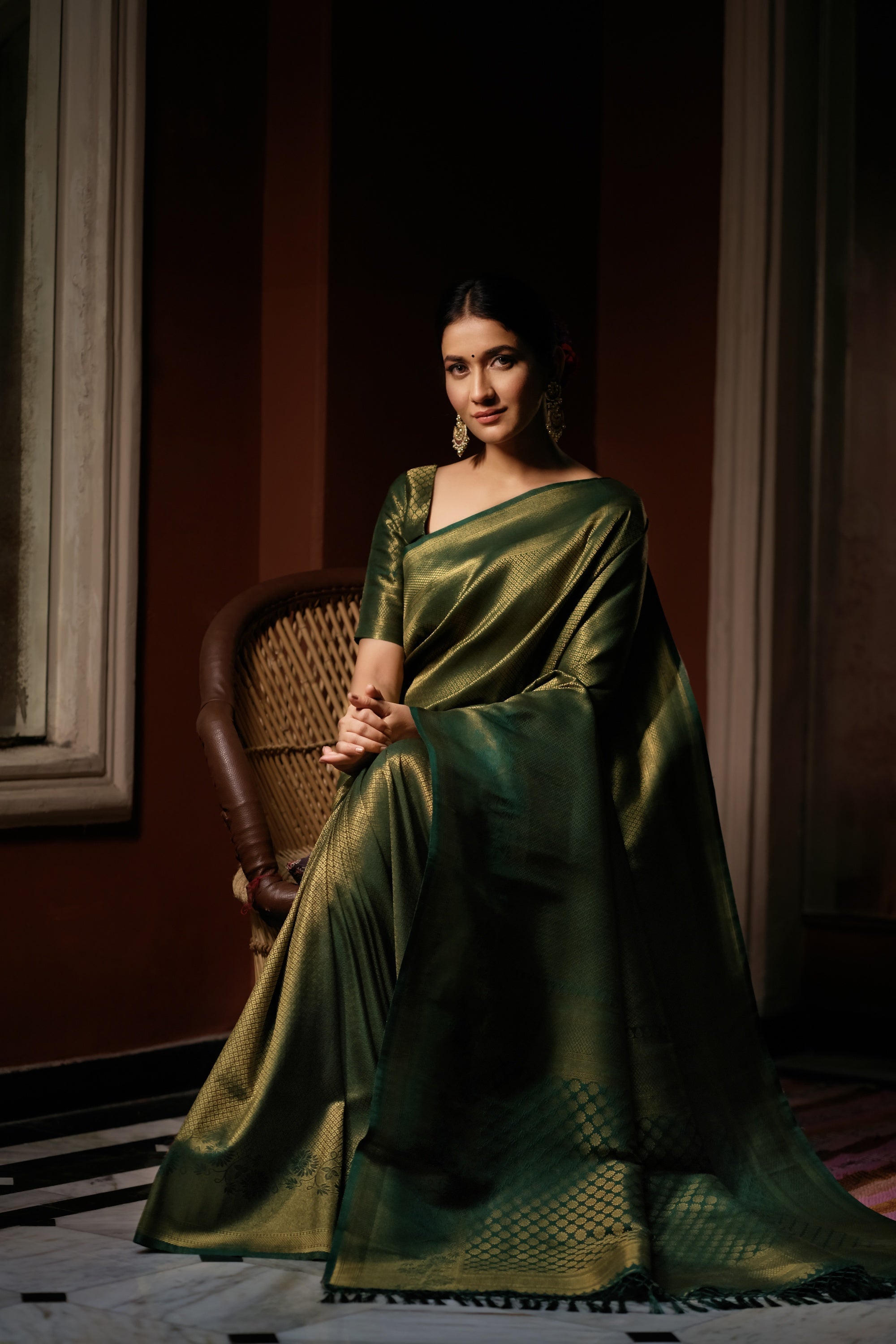 Vardha Myrtle Green Golden Zari Kanjeevaram Silk Saree