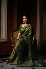 Thumbnail for Vardha Myrtle Green Golden Zari Kanjeevaram Silk Saree