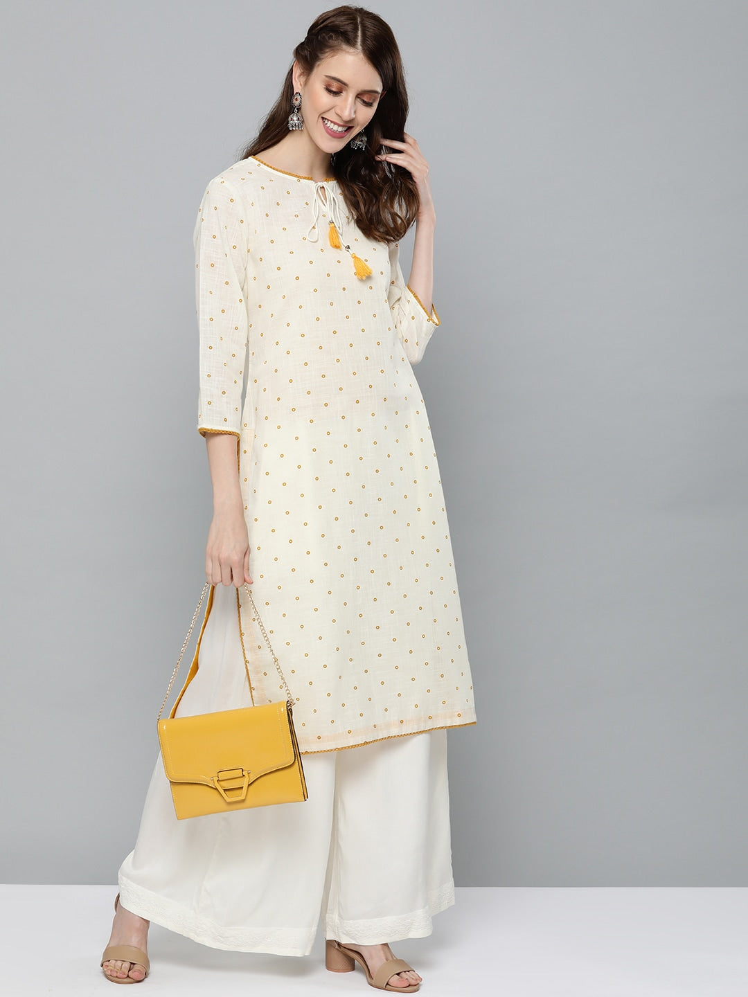 HERE&NOW Women Off-White & Mustard Yellow Geometric Printed Straight Kurta - Distacart