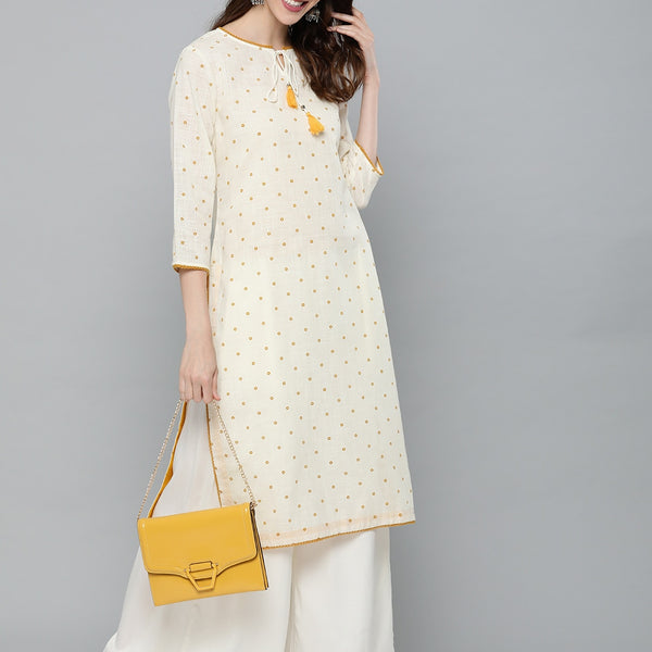 HERE&NOW Women Off-White & Mustard Yellow Geometric Printed Straight Kurta - Distacart