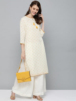 HERE&NOW Women Off-White & Mustard Yellow Geometric Printed Straight Kurta - Distacart