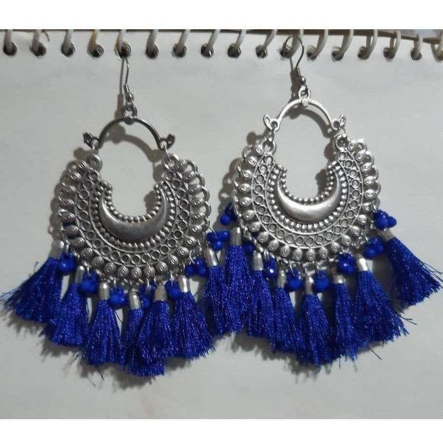 Half Moon Silver Oxidized Earrings With Blue Color Silk Threads