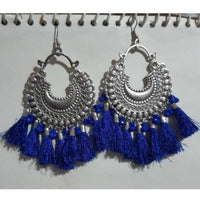 Thumbnail for Half Moon Silver Oxidized Earrings With Blue Color Silk Threads