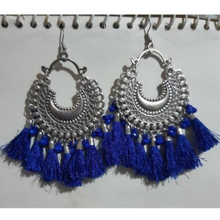 Half Moon Silver Oxidized Earrings With Blue Color Silk Threads