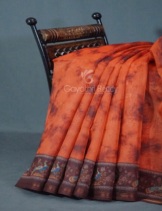 Shades of Orange Colour Shibori Print Semi Chanderi Saree By Gayathri Reddy Designer Studio - Distacart