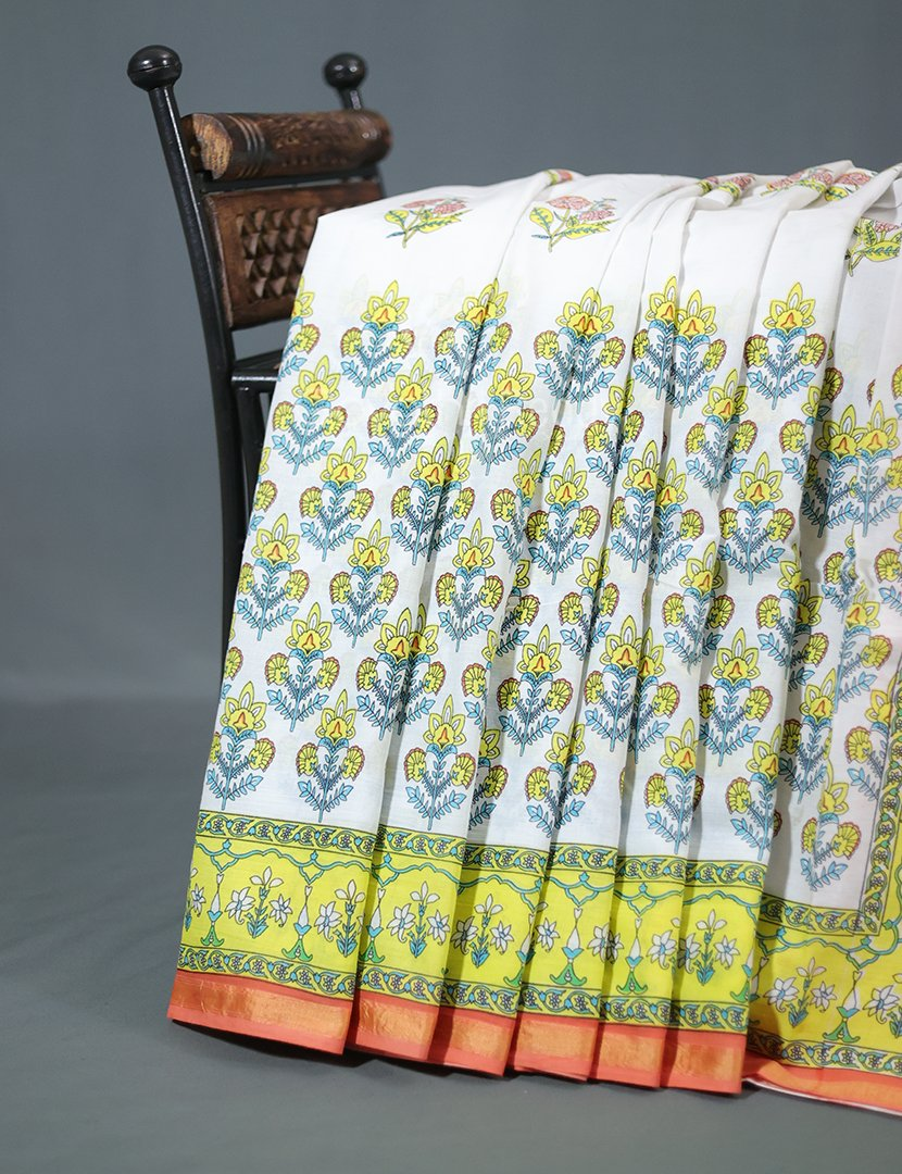 Creame Coloured Combination Printed Cotton Saree By Gayathri Reddy Designer Studio - Distacart