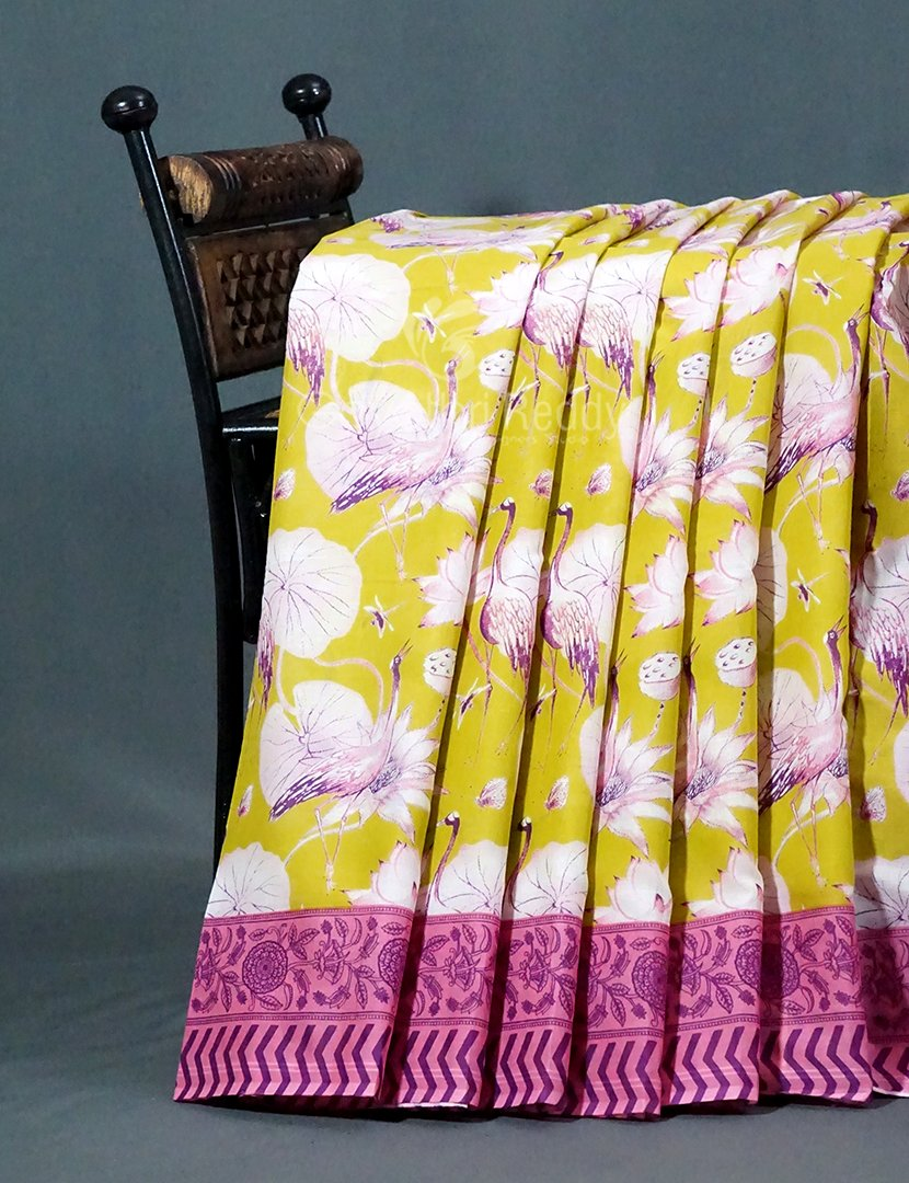 Block Print Lime Green Coloured Mulmul Cotton Saree By Gayathri Reddy Designer Studio - Distacart