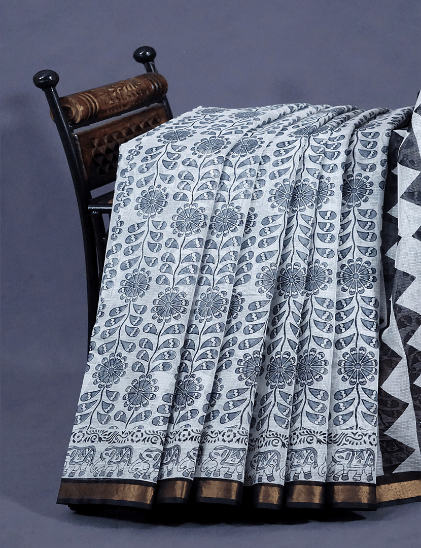 White And Grey Colour Block Print Pure Kota Cotton Saree By Gayathri Reddy Designer Studio - Distacart