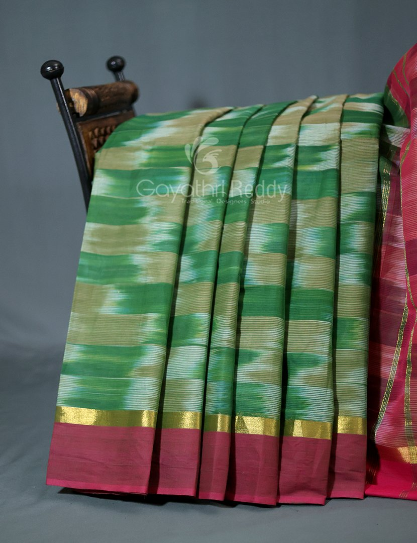 Dual Shades of Mango Green And Mustard Mangalagiri Ikkat Cotton Saree By Gayathri Reddy Designer Studio - Distacart