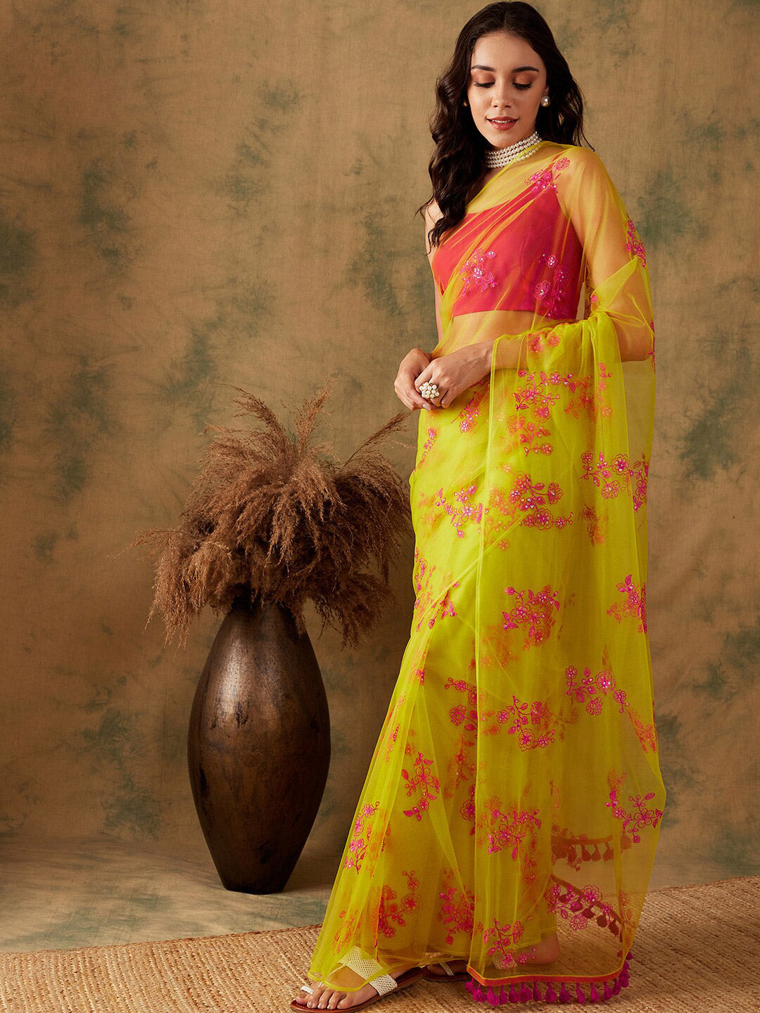Sangria Floral Embroidered Sequins Details Net Saree - Distacart