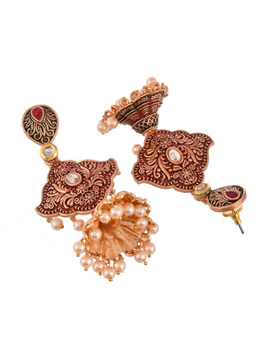 Shoshaa Maroon & Gold-Toned Contemporary Jhumkas Earrings - Distacart