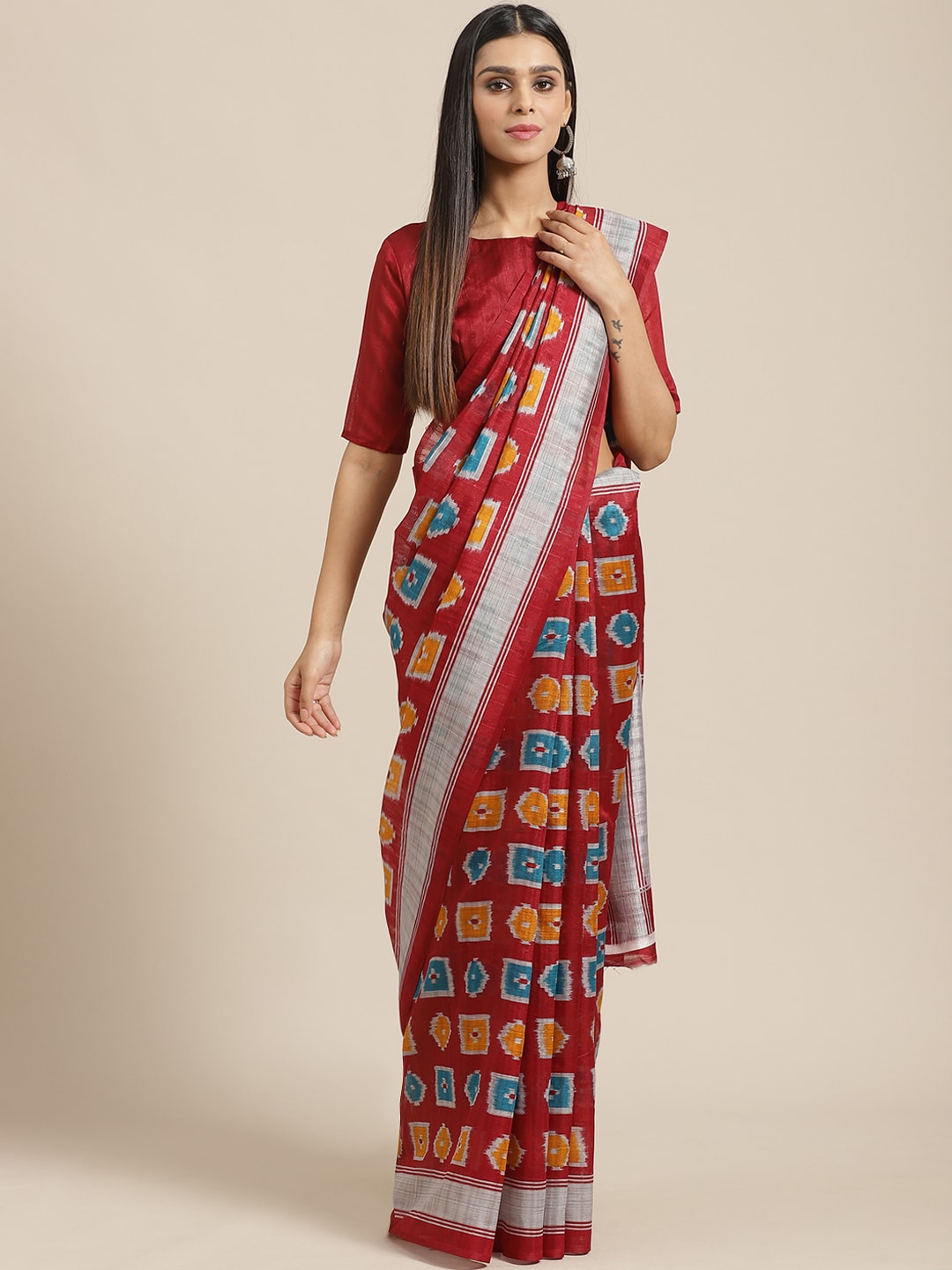 Saree Mall Maroon & Blue Printed Bhagalpuri Saree - Distacart