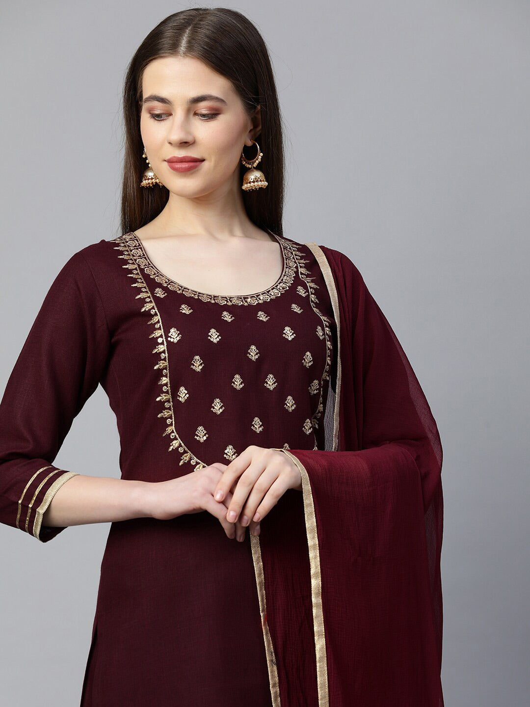 Kalini Women Maroon Floral Embroidered Gotta Patti Kurta with Palazzos & With Dupatta - Distacart
