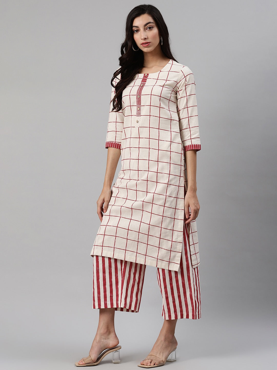 Biba Women Off-White & Maroon Checked Kurta with Palazzos - Distacart