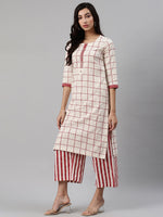Thumbnail for Biba Women Off-White & Maroon Checked Kurta with Palazzos - Distacart