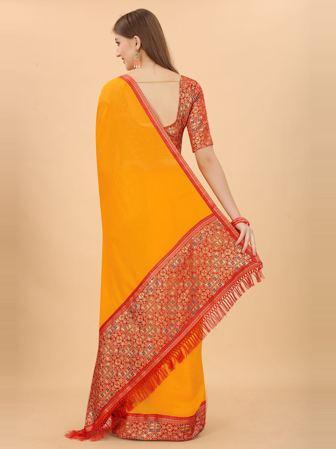 Kalini Yellow & Red Zari Pure Silk Saree - Distacart