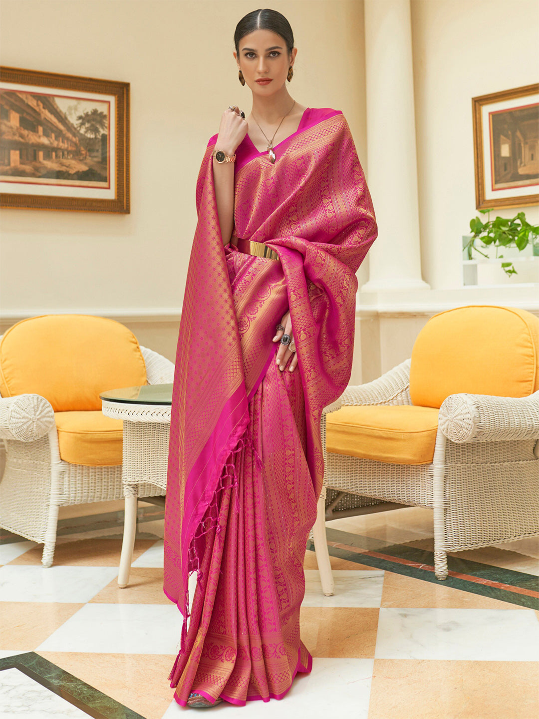 Mitera Pink & Gold-Toned Woven Design Zari Silk Blend Kanjeevaram Saree - Distacart