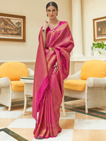 Thumbnail for Mitera Pink & Gold-Toned Woven Design Zari Silk Blend Kanjeevaram Saree - Distacart