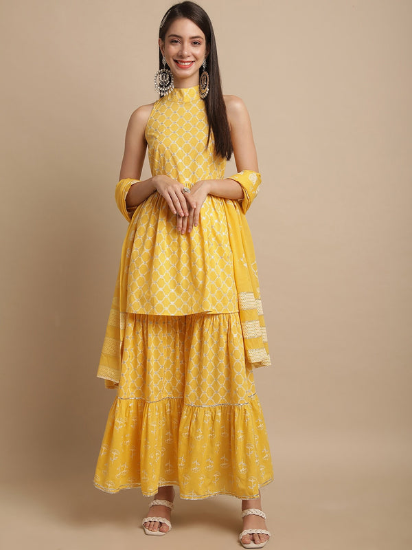 Kalini Ethnic Motifs Printed Pure Cotton A-Line Kurti & Sharara With Dupatta - Distacart