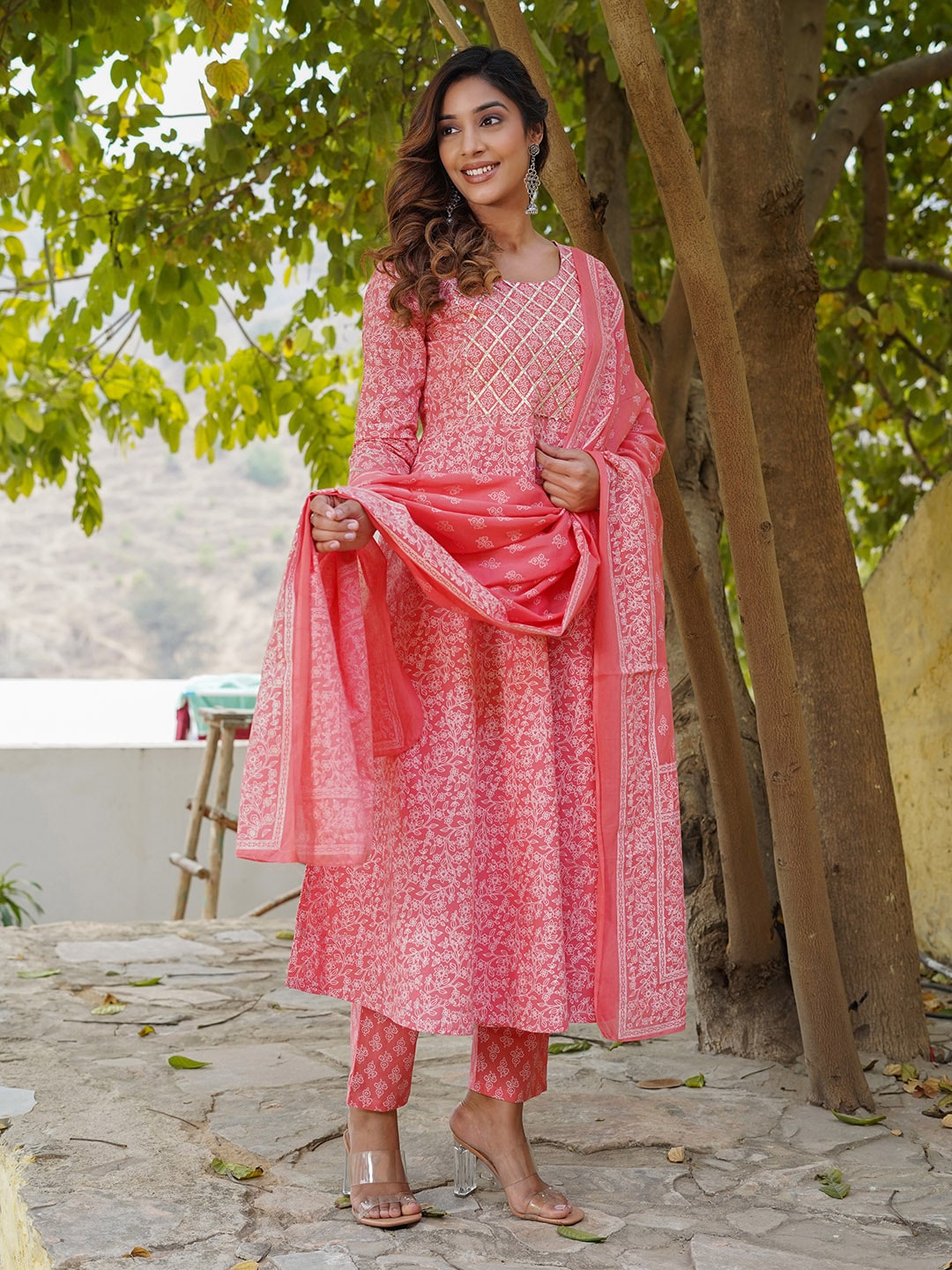 Kalini Ethnic Printed Gotta Patti Anarkali Pure Cotton Kurta with Trousers & Dupatta - Distacart
