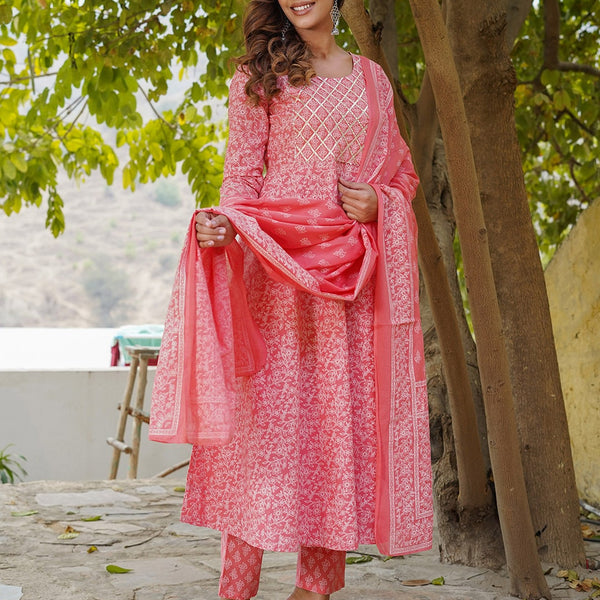 Kalini Ethnic Printed Gotta Patti Anarkali Pure Cotton Kurta with Trousers & Dupatta - Distacart