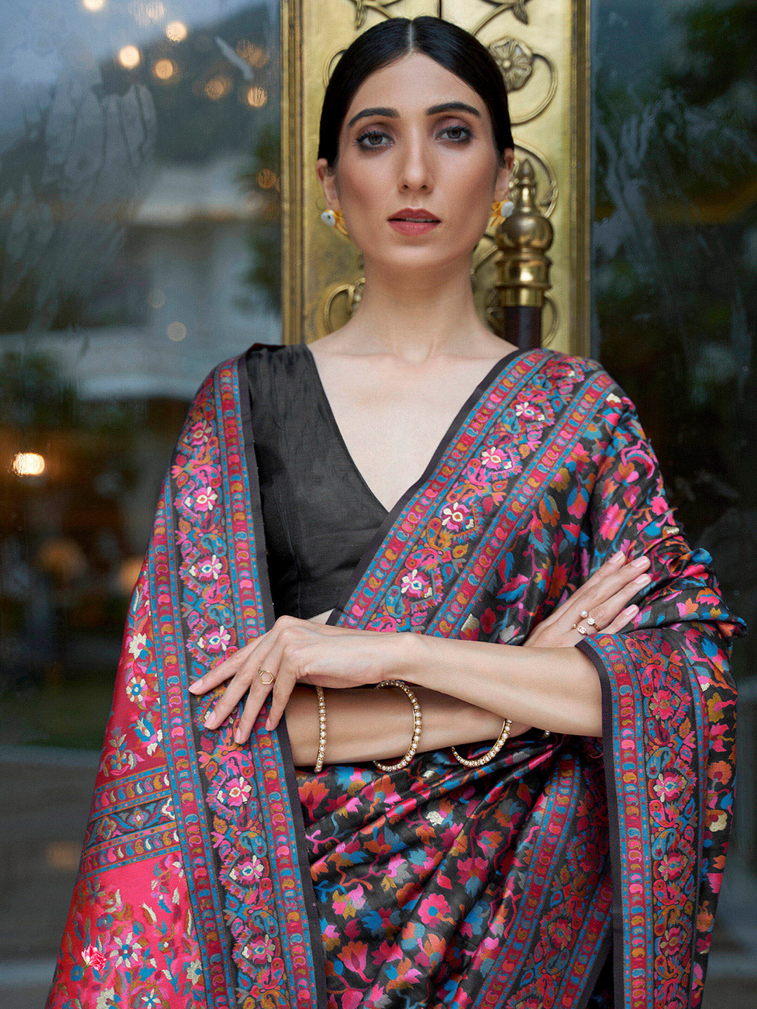 Mitera Black & Pink Floral Silk Blend Saree - Distacart