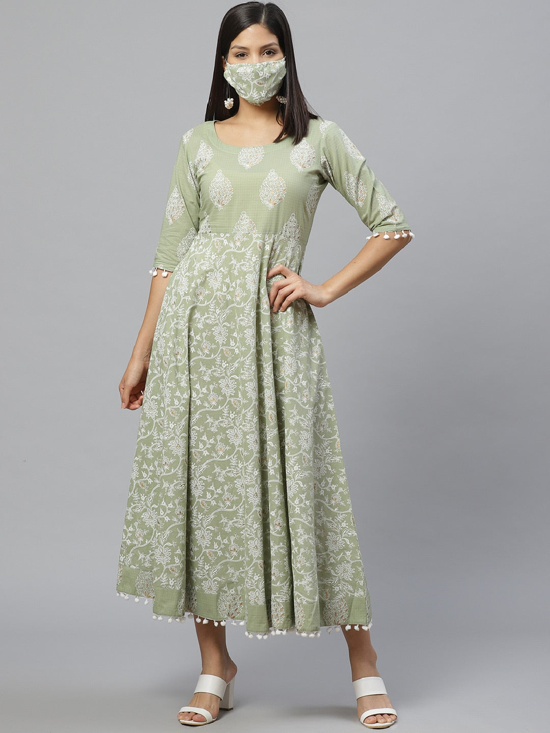 Libas Sage Green & Off-White Ethnic Motifs Printed Maxi Cotton Dress With Mask - Distacart