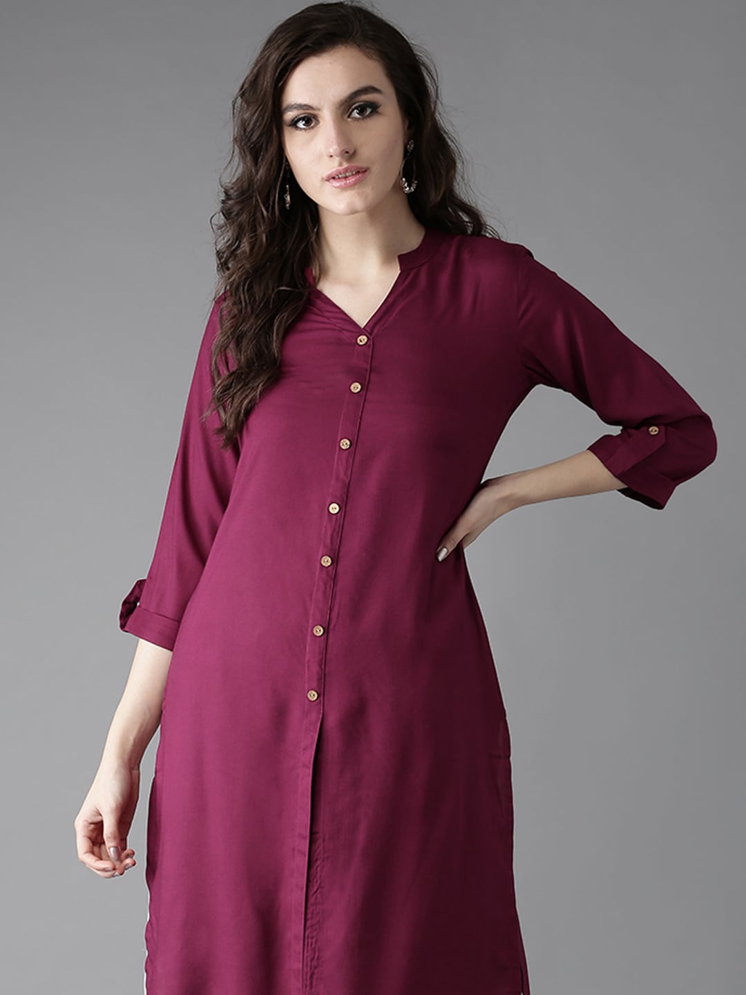 HERE&NOW Women Burgundy Solid Straight Kurta - Distacart