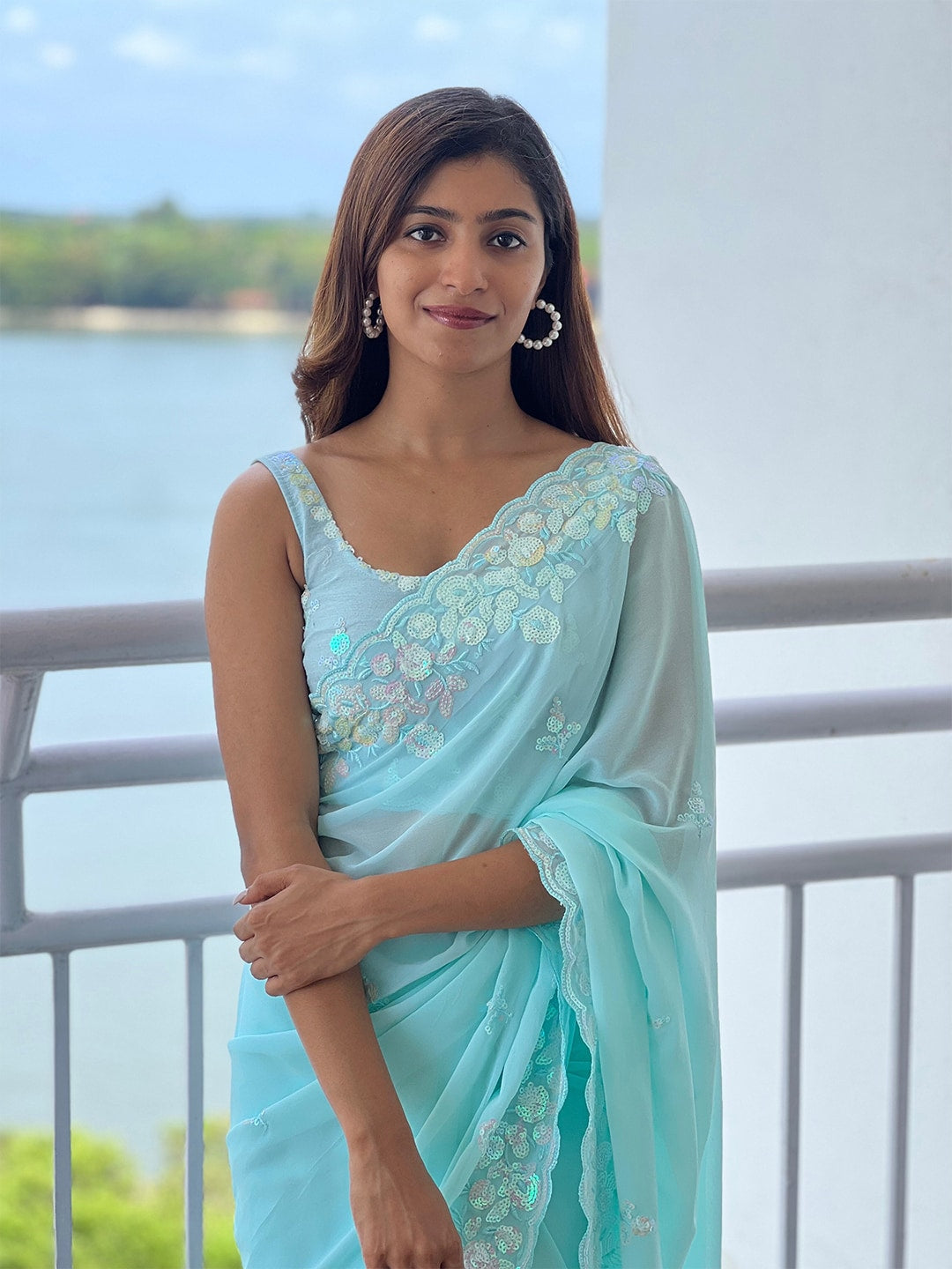 Mitera Blue Embellished Sequinned Saree - Distacart