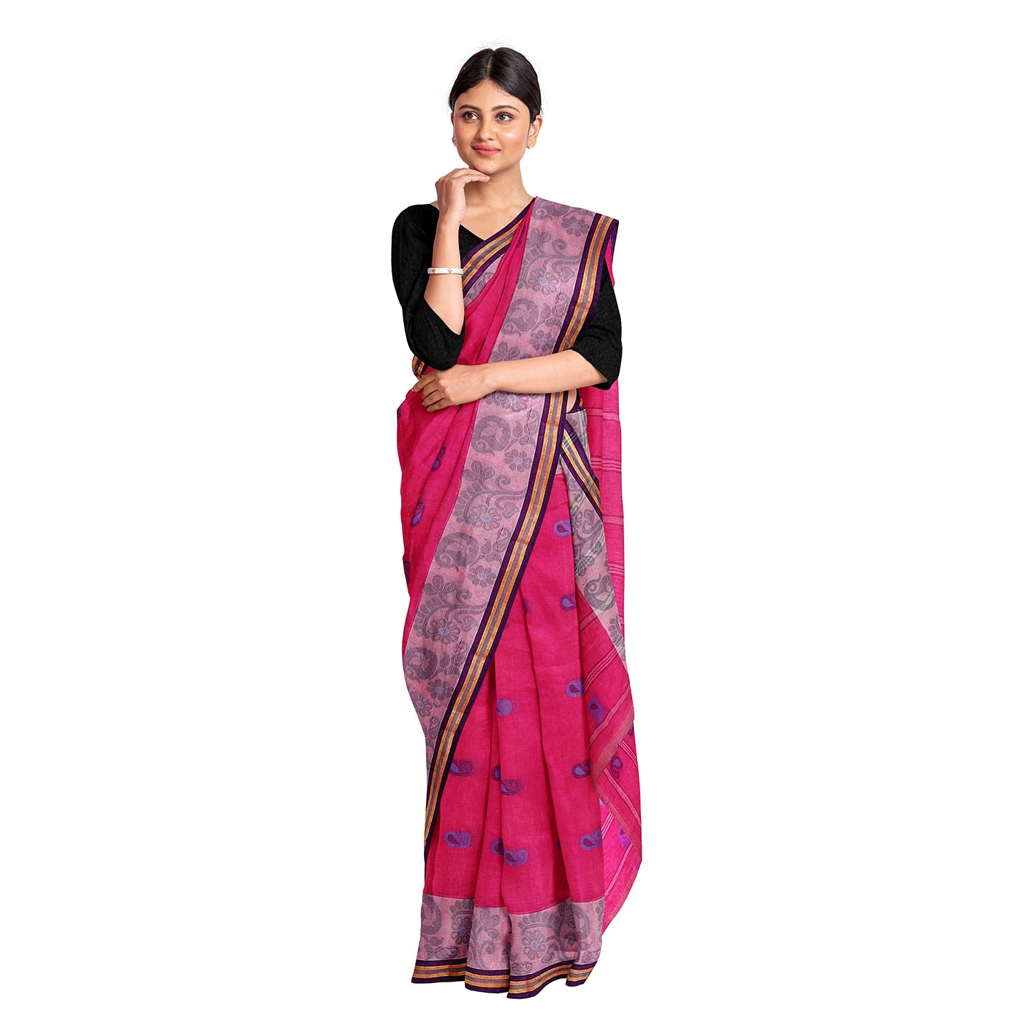 Exclusive Collection 100% Pure Cotton Pink Tant Saree With Hand Weaving Work - Distacart