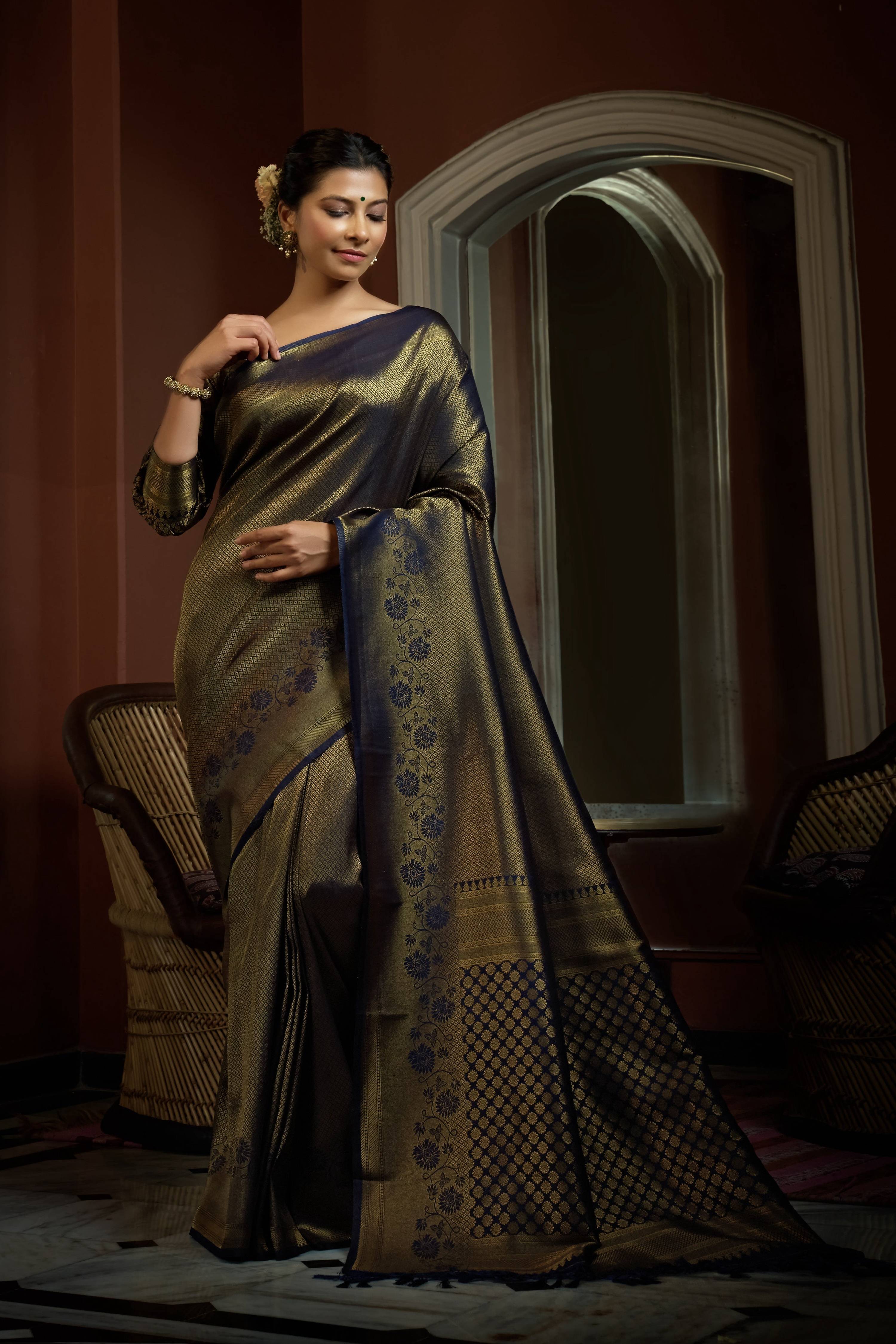 Vardha Oxford Blue Golden Zari Kanjeevaram Silk Saree