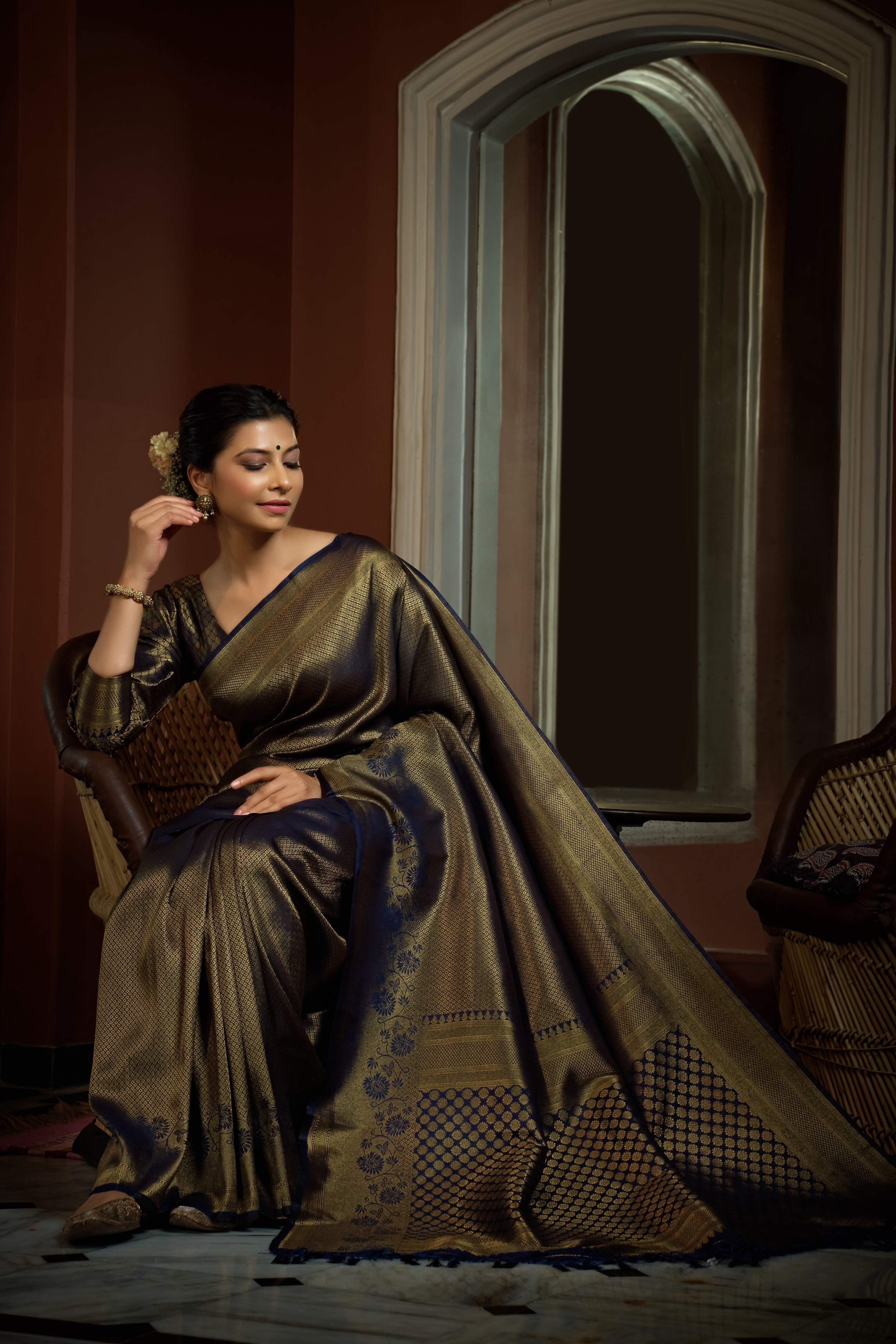 Vardha Oxford Blue Golden Zari Kanjeevaram Silk Saree