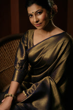 Thumbnail for Vardha Oxford Blue Golden Zari Kanjeevaram Silk Saree