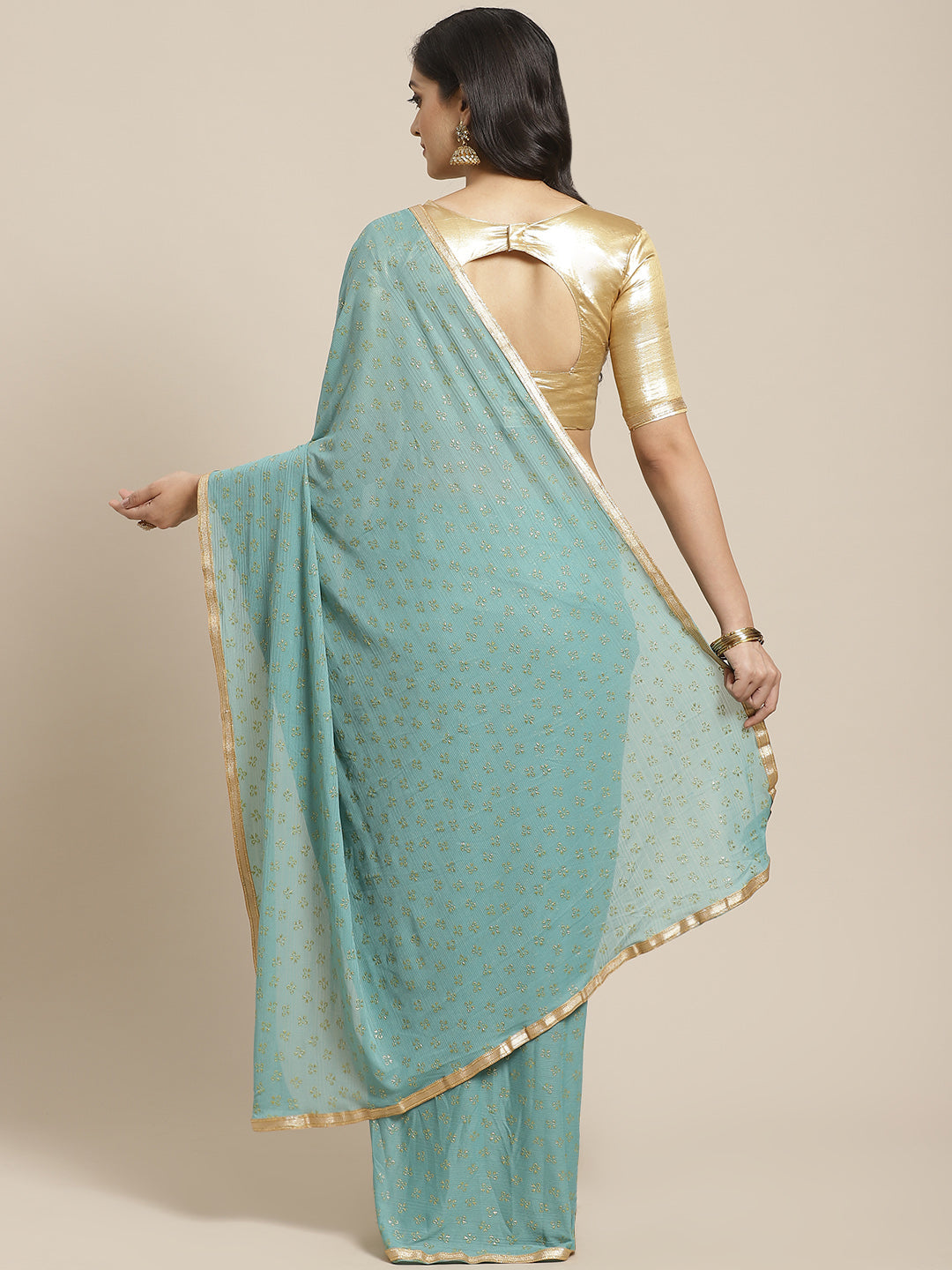 Saree Mall Blue & Golden Quirky Print Saree - Distacart