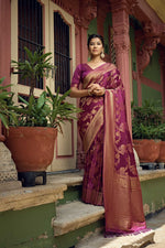 Thumbnail for Vardha Mulberry Violet Golden Zari Banarasi Satin Silk Saree