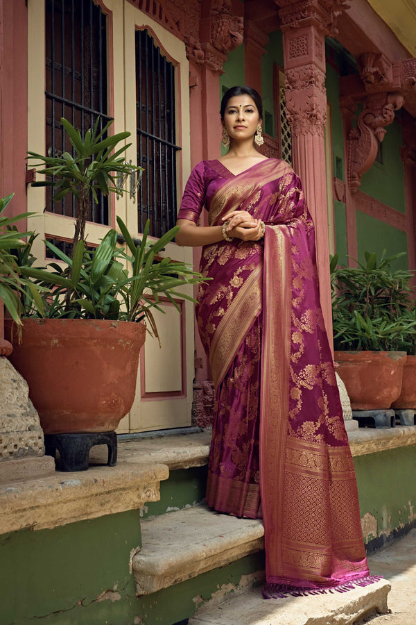 Vardha Mulberry Violet Golden Zari Banarasi Satin Silk Saree