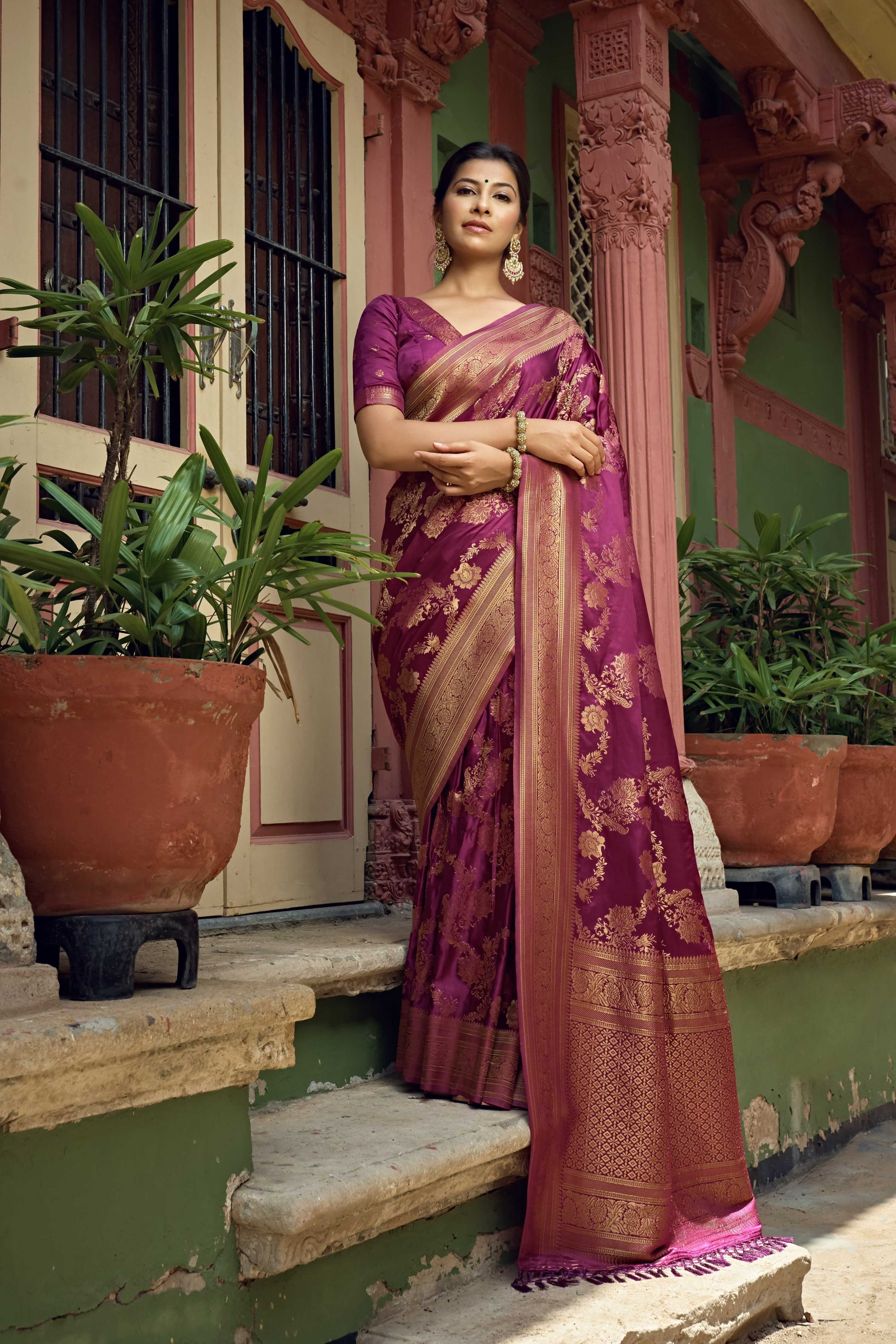 Vardha Mulberry Violet Golden Zari Banarasi Satin Silk Saree