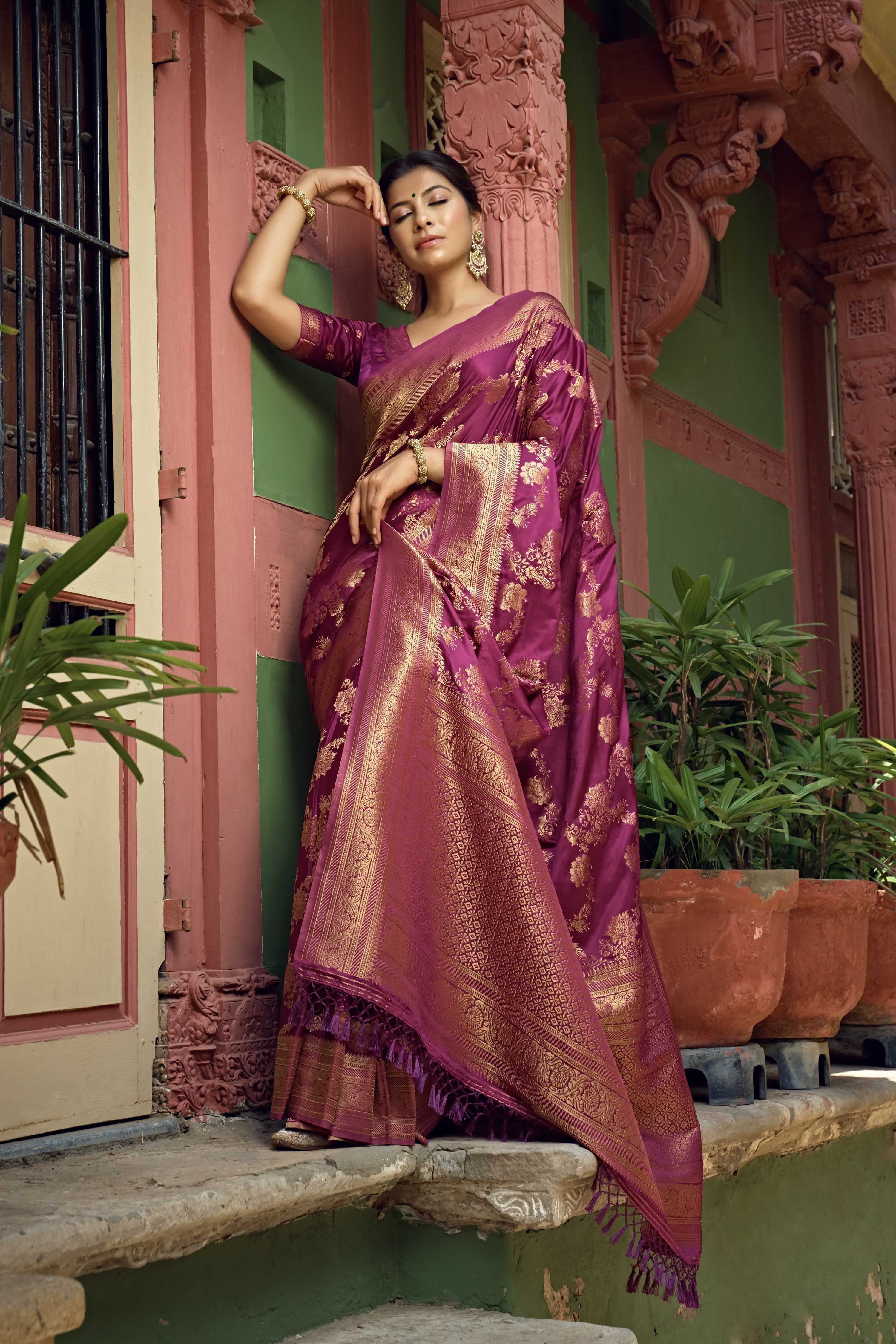 Vardha Mulberry Violet Golden Zari Banarasi Satin Silk Saree
