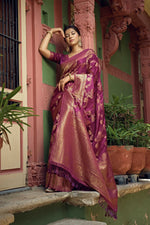 Thumbnail for Vardha Mulberry Violet Golden Zari Banarasi Satin Silk Saree