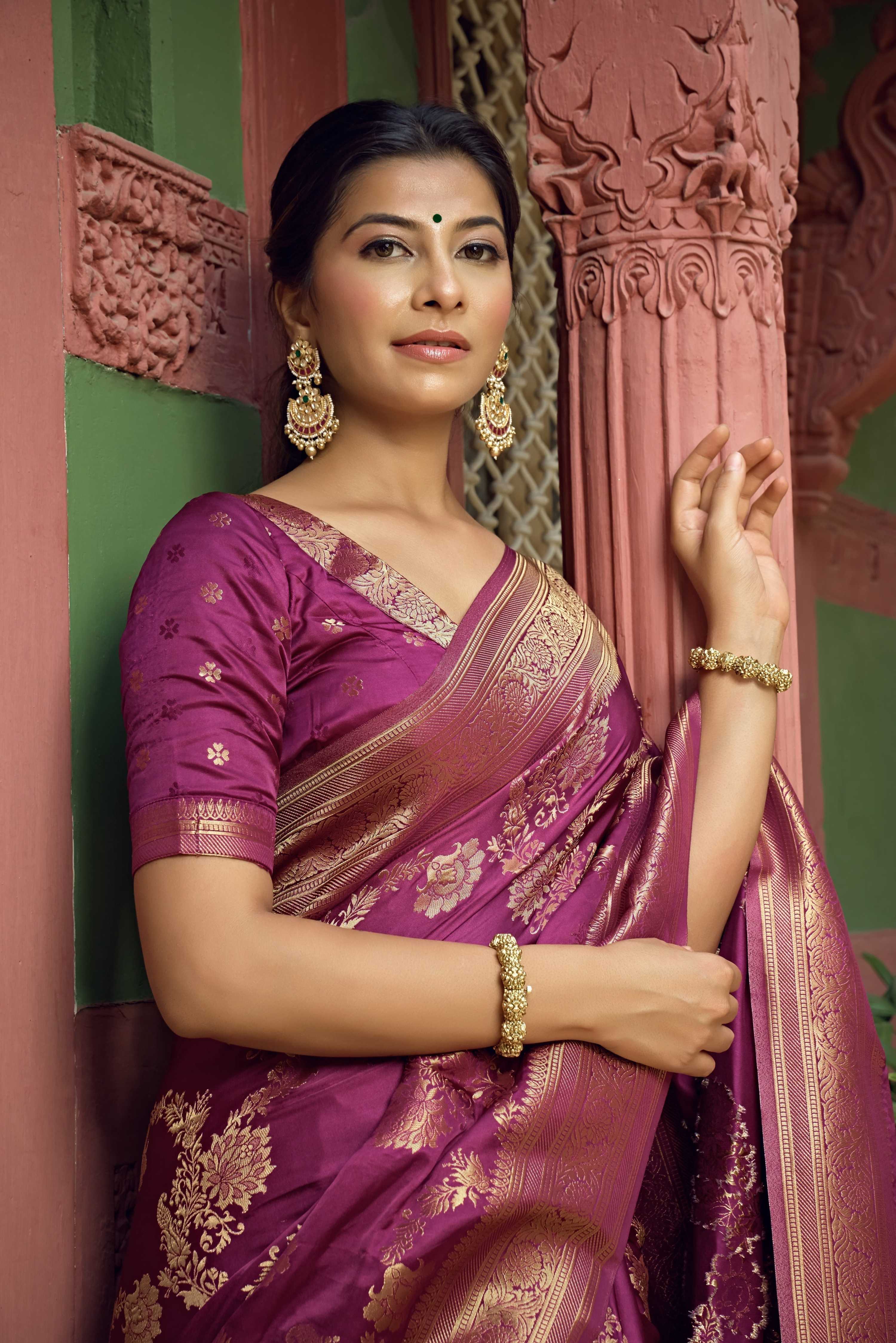 Vardha Mulberry Violet Golden Zari Banarasi Satin Silk Saree