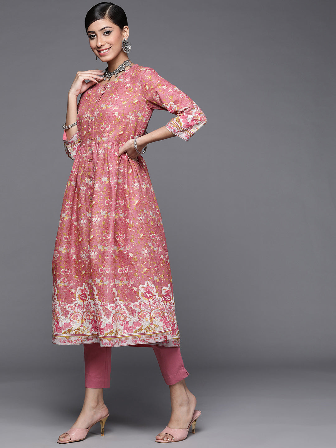 Biba Women Pink Printed A-Line Pure Cotton Kurta with Trousers - Distacart