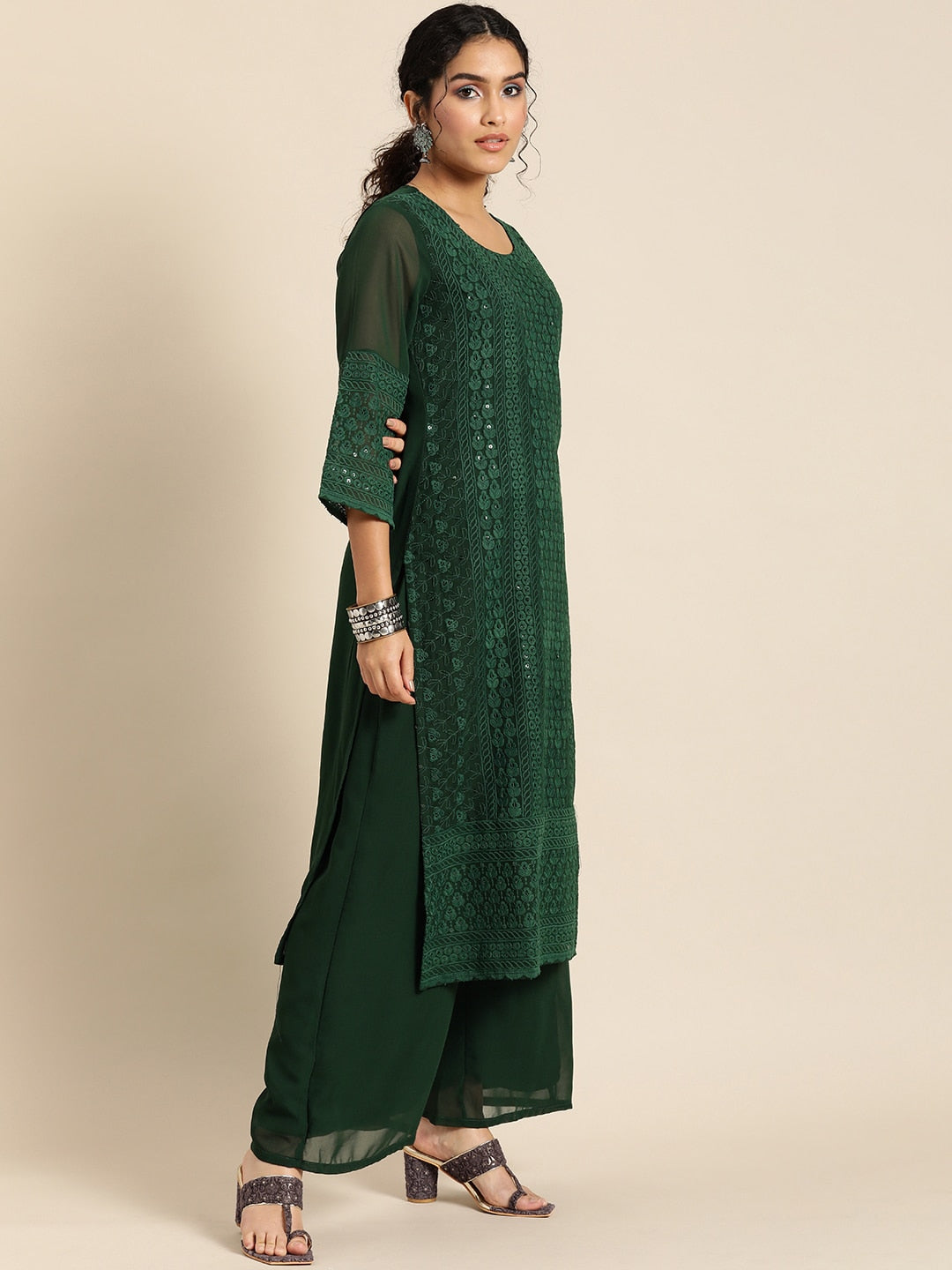 Sangria Women Green Ethnic Motifs Chikankari Kurta with Palazzos - Distacart