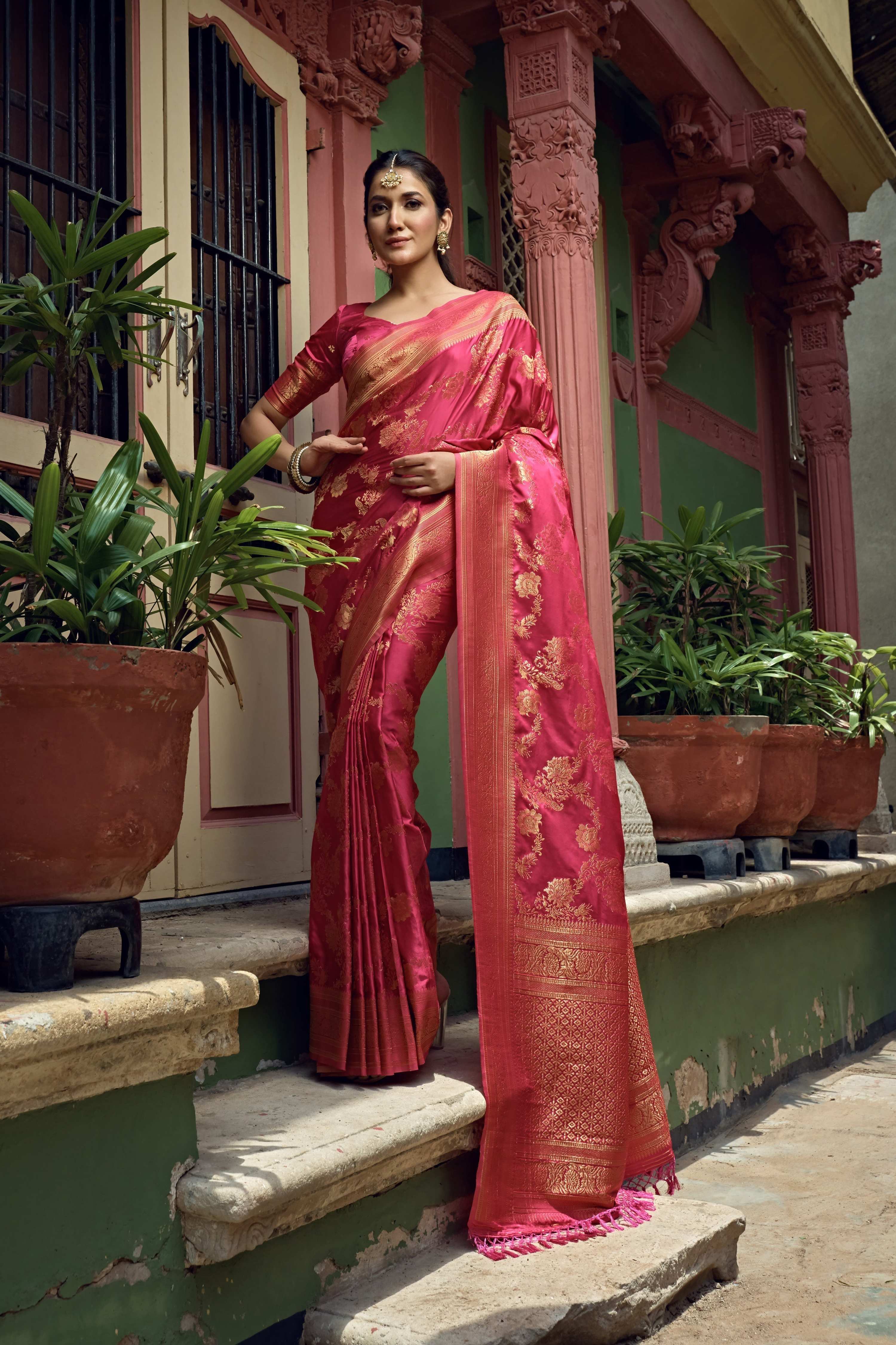 Vardha Bright Pink Golden Zari Banarasi Satin Silk Saree