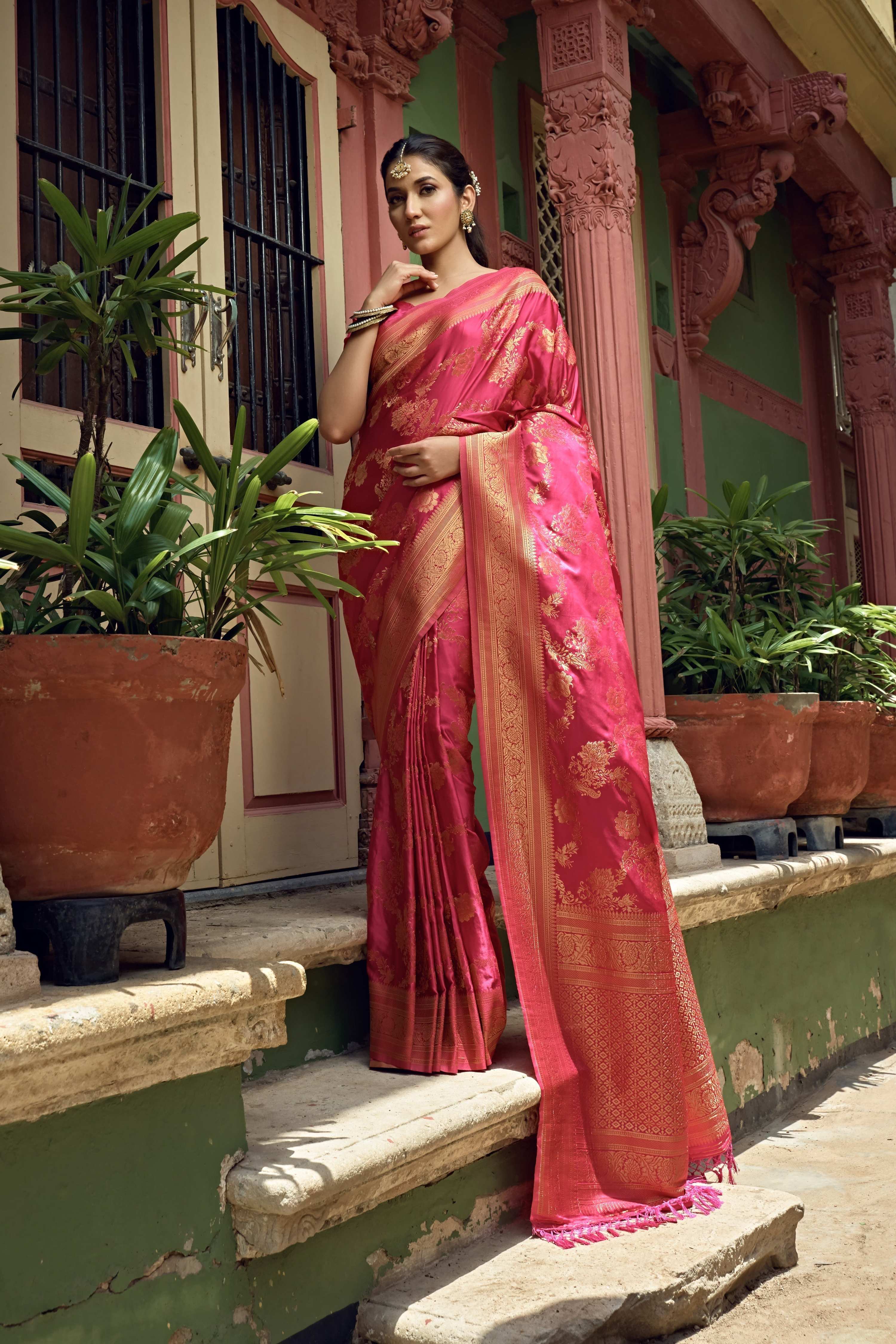 Vardha Bright Pink Golden Zari Banarasi Satin Silk Saree