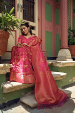 Thumbnail for Vardha Bright Pink Golden Zari Banarasi Satin Silk Saree