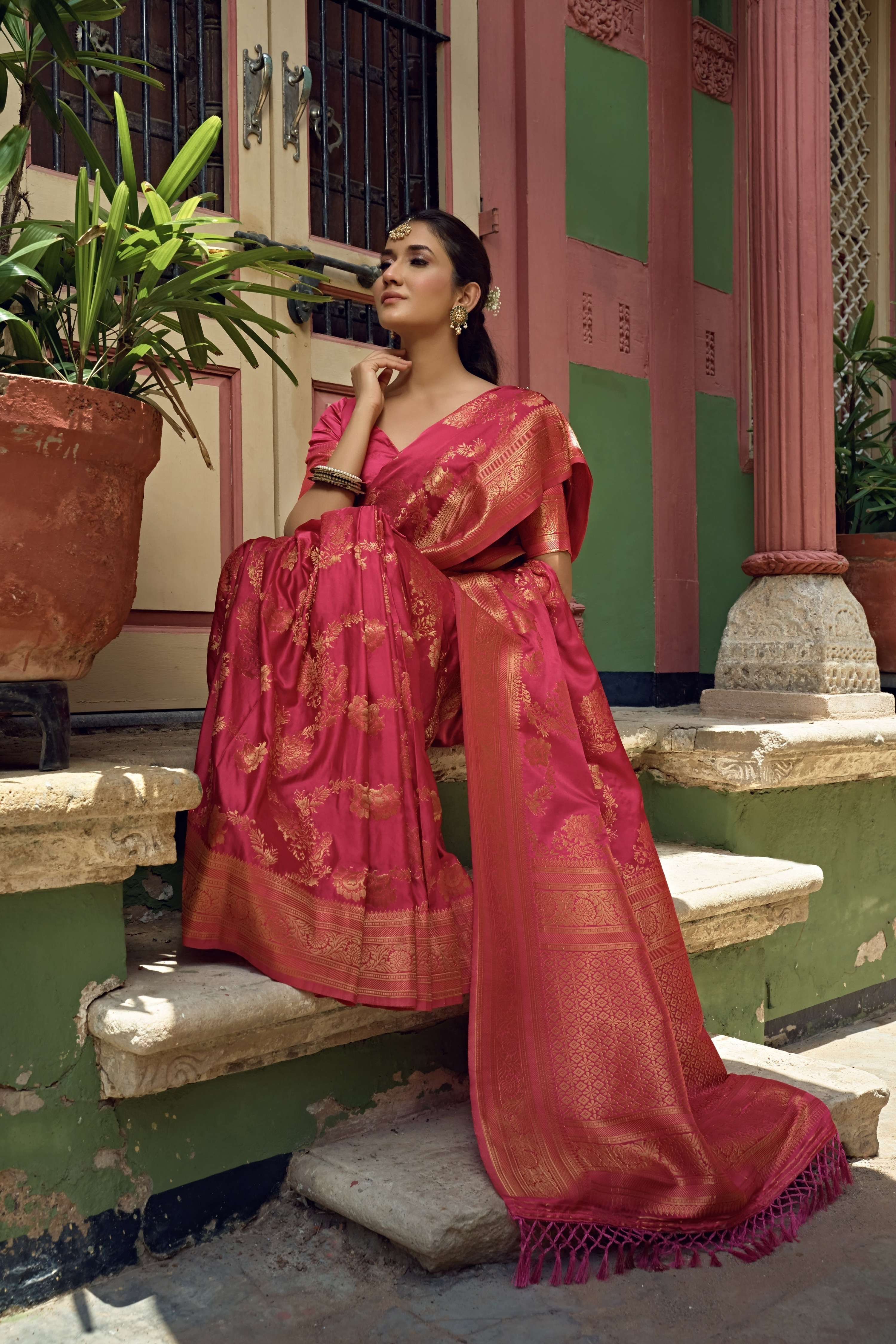 Vardha Bright Pink Golden Zari Banarasi Satin Silk Saree